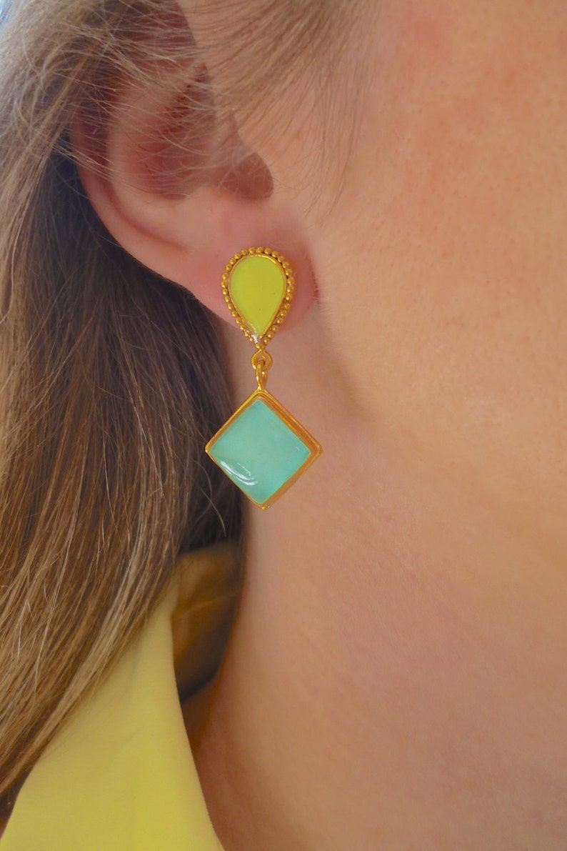 Turquoise Statement Dangle Earrings Gold, Geometric Earrings, Modern Handmade Unique Earrings, Bridesmaid Earrings, Gift for Women for her image 5