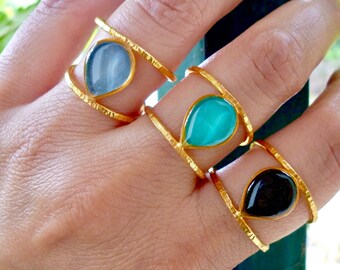 Personalized Resin Ring Gift for Women, Teardrop Stacking Rings, Adjustable Double Band Ring, Gold or Silver Unique Ring, Enamel Jewelry