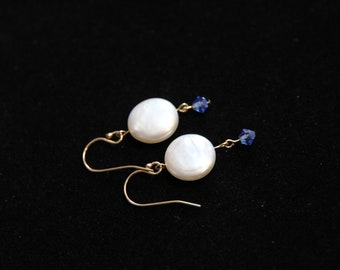 White coin pearl and blue bicone Swarovski crystal gold-filled hook earrings