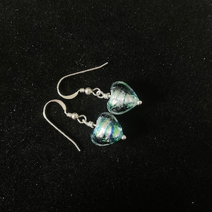 Murano glass bead green and cobalt blue silver swirls hearts on sterling silver ear wires