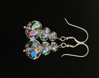 Swarovski crystal three tier rondelle faceted clear rainbow earrings on sterling silver ear wires