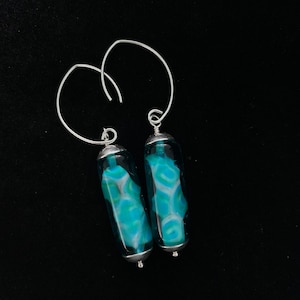 Verde marino (greenish aqua) multi millefiori tubes with sterling silver bead caps and fancy ear wires