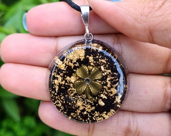Lucky Clover Orgone Pendant w/ Black Tourmaline - Root Chakra Crystal Necklace - EMF & Empath Protection Orgone Jewelry - Medium