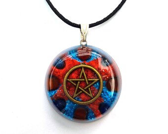 Pentacle Orgone Pendant w/ Carnelian and Lapis Lazuli - Unique witchy necklace with pentagram symbol - Pagan and hippie jewellery - Large