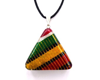 Triangle Resin Orgone Necklace - Energy protection talisman jewellery - Black tourmaline - Africa rasta colour print - Large