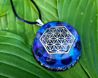 Orgone Pendant 'Spirituality' - Third Eye Chakra Necklace w/ Flower of Life - Lapis Lazuli, Amethyst - Spiritual Gift for Him or Her - LARGE