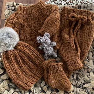 Newborn size knit Caramelo 5 piece pullover set, photo prop,gift idea,coming home