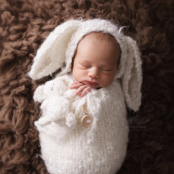 Newborn Knitting/crochet PATTERN - Newborn size Lapin bonnet sack and lovie/carrot - Instant Download PDF - Photography Prop  newborn set