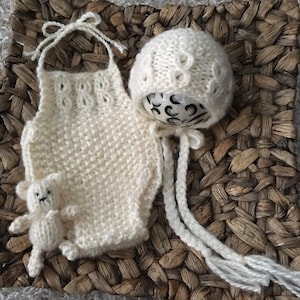 Newborn Knitting/crochet PATTERN - Newborn size knit Clementine bonnet/romper/bear - Instant Download PDF - Photography Prop