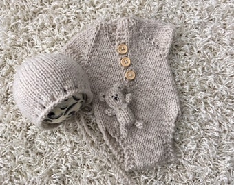 Newborn Knitting/crochet PATTERN - Newborn Size Knit Auden Romper, bonnet and bear - Instant Download PDF - Photography Prop  romper set