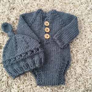 Newborn Knitting PATTERN - Newborn Size Knit Baxter Romper and Knots and Holes hat - Instant Download PDF - Photography Prop  newborn