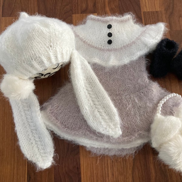 Newborn Knitting PATTERN - Newborn Size Floppy romper easter /bunny spring set / crochet purse - Instant Download PDF - Photography Prop