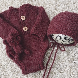 Newborn Knitting PATTERN - Newborn Size Knit Hank ROMPER, bonnet and bear Set - Instant Download PDF - Photography Prop   knit Set