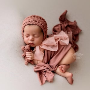 Newborn Knitting PATTERN - Newborn/ reborn Size Knit Aoki bonnet with fabric ties - Instant Download PDF - Photography Prop