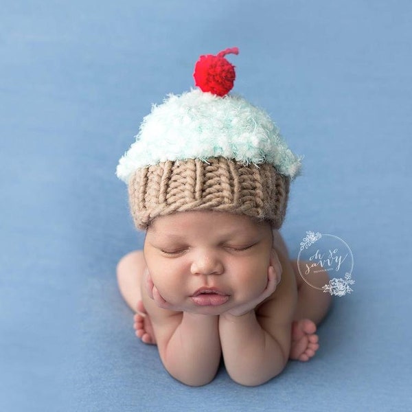 Newborn Knitting PATTERN - Newborn With a Cherry on TOP cupcake beanie  - Instant Download PDF - Photography Prop Newborn  Reborn size