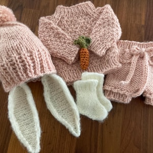 May include: A pink knitted baby outfit with a matching hat, bunny ears, and a carrot toy. The outfit includes a sweater, pants, and booties.