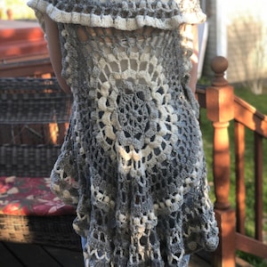 Crocheted Gray Gradient Mandala Ruffle Vest (One Size)