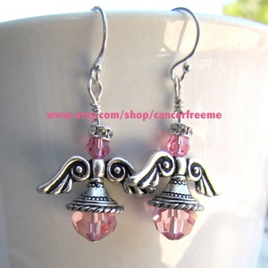 Breast Cancer Awareness Angel Earrings, Gift for Her, Jewelry, Angels, Pink Crystals, Angel Earrings, Silver Earrings