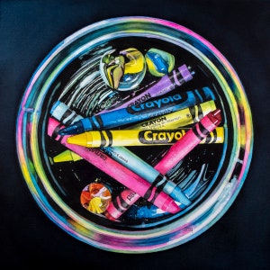 May include: A watercolor painting of a glass bowl filled with colorful crayons and marbles. The crayons are various colors, including blue, yellow, pink, and purple. The bowl has a rainbow-colored rim and sits on a black background.