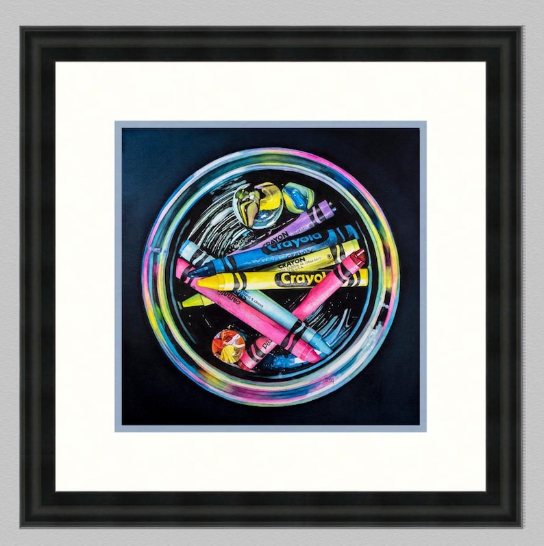 May include: A colorful still-life painting of a glass bowl filled with Crayola crayons. The crayons are various colors, including pink, yellow, blue, and purple. The bowl is set against a dark background and framed in black.