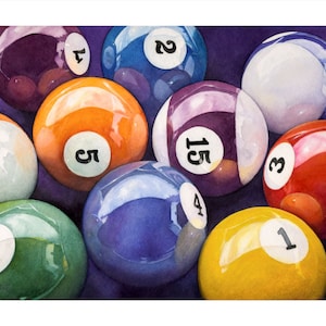 Pool Balls - Billiard Balls - Game Room Art - watercolor print, Father&#39;s day gift, realistic painting, for him