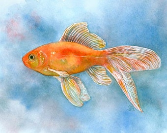 5x7 Goldfish Print of watercolor 5 by 7 by Shirley Greenville, art for child's room, realistic goldfish wall art