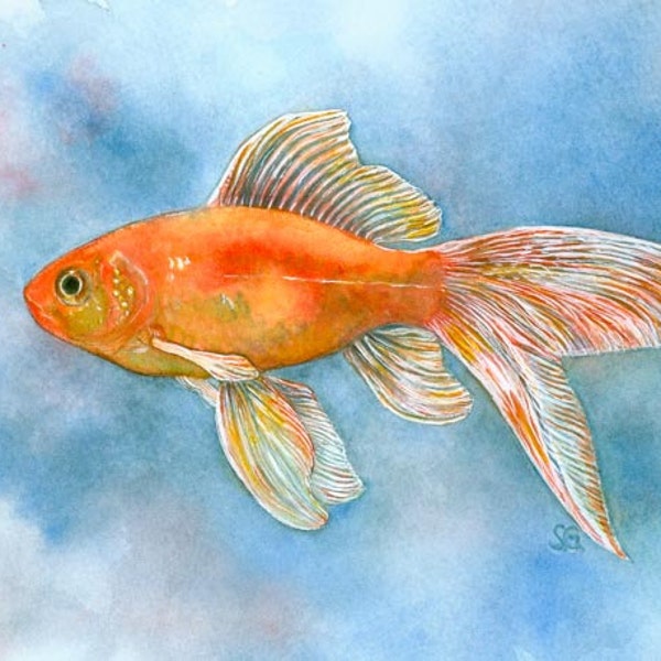 5x7 Goldfish Print of watercolor 5 by 7 by Shirley Greenville, art for child's room, realistic goldfish wall art