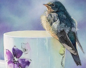 Print of Barn Swallow fledgling on a cup watercolor painting by Shirley Greenville original bird art realism baby bird