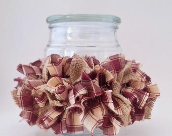 Wine Plaid & Burlap Rag Candle Ring, Elastic Candle Cover, Stretch Candle Ring, Jar Candle, Farmhouse table, Rustic decor, Primitive decor
