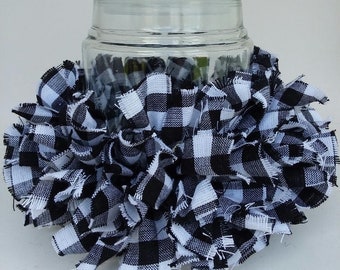 Buffalo Check Rag Candle Ring, Buffalo Check decor, Black and White check Candle Ring, Farmhouse table, Primitive Homespun decor
