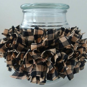 Black Check Rag Candle Ring, Farmhouse Decor, Primitive accent, Black check decor, Country plaid, Stretch candle Cover, Black Jar Candle