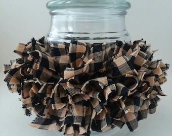 Black Check Rag Candle Ring, Farmhouse Decor, Primitive accent, Black check decor, Country plaid, Stretch candle Cover, Black Jar Candle
