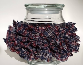 Rag Candle Ring, Navy Blue Farmhouse Decor,  Homespun Plaid Primitive Americana Stretch cozie