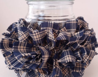 Farmhouse Candle, Blue Rag Candle Ring, Rag tied wreath, Primitive Homespun Navy plaid Western Country