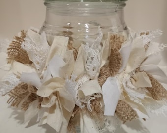 Rustic Candle Ring, Barn Wedding, Burlap Lace decor, Farmhouse decor, Shabby table decor, French Country Accent, Muslin table decor