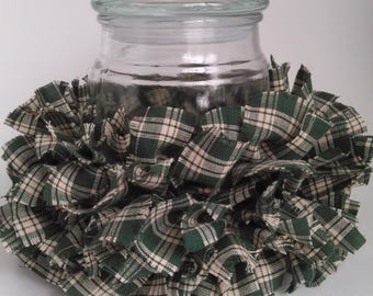 Green Rag Candle Ring, Jar Candle Wrap, Stretch Candle Ring, Homewarming Gift, Western Plaid candle skirt, Candle Cozie, Farmhouse Gift