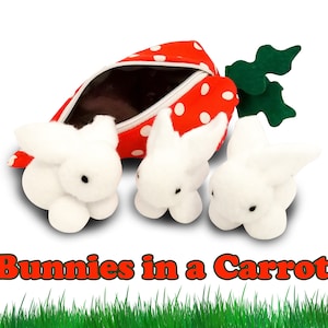 Bunnies in a carrot or sewing kit, stuffed animals, cute bunnies, carrot with zipper