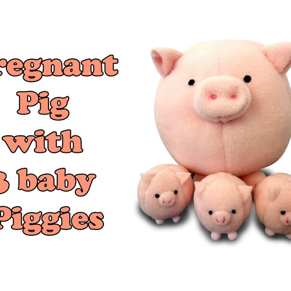 Pig with 3 baby piggies, pregnant stuffed animal, soft toy