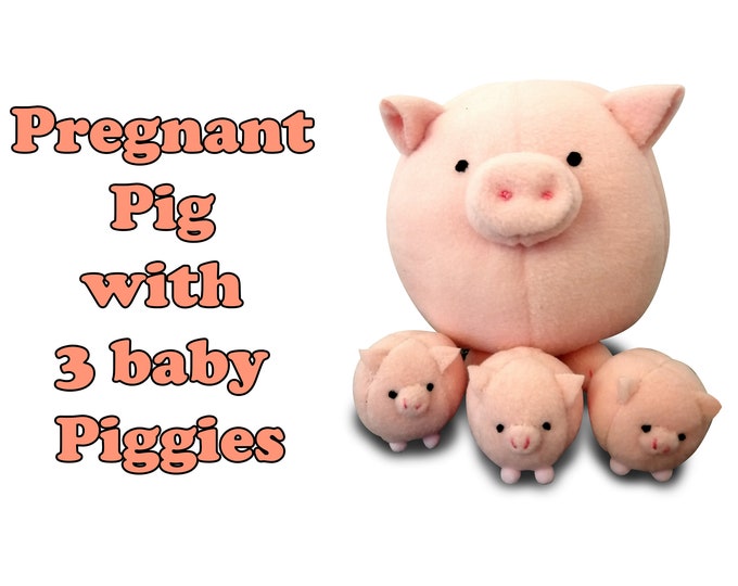 Pig with 3 baby piggies, pregnant stuffed animal, soft toy
