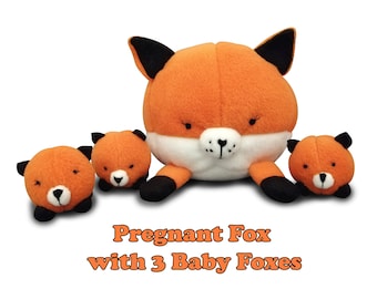 Fox with three babies, pregnant stuffed animal, soft toy