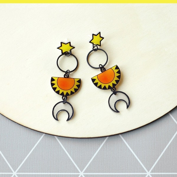 Long celestial earrings / Sun & Moon earrings / Star stud earrings / Lunar jewelry / Yellow burnt orange earrings / Sunflower hoop earrings
