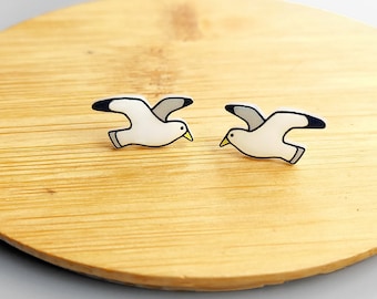 Tiny seagull bird earrings stud, Nautical seagulls studs, Coastal wild birds jewelry, Homemade beach earring, Seaside gift