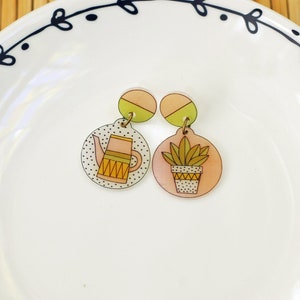 Mismatched succulent earrings, Pot plant botanical jewelry, Watering can and flower terrarium earrings, Cactus lover and gardening gift image 1