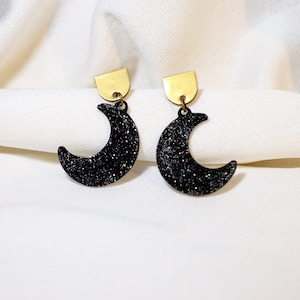 Glitter moon phase earrings, Gold and black crescent moon earrings, Chunky glitter druzy earrings, Sparkly galaxy earrings, Lunar jewelry image 1