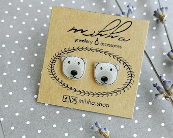 Polar bear stud earrings, Teddy bear studs, Fuzzy bear earring, Kawaii bear face earrings, Cute bear head jewelry, Shrink plastic animal