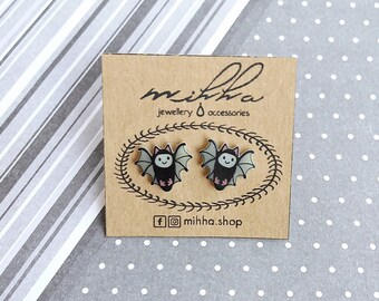 Cute bat earrings Halloween stud, Goth funny shrinky dink jewelry, Creepy vampire animal acrylic studs, Festive bestfriend gift