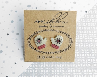 Winter gloves stud earrings, Cute snowflake mittens studs, Christmas mitten acrylic jewelry, Secret santa gift for girl