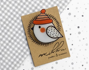 Winter sparrow bird brooch pin, Christmas animal jewelry, Cute chicken with hat, Shrinky dink backpack pins, Birds lovers gifts
