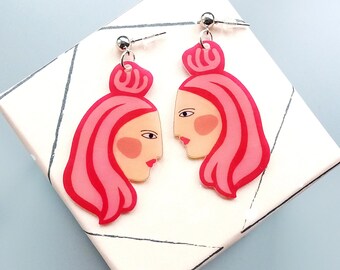 Female face earrings, Abstract woman in profile picasso earrings, Novelty art deco jewelry, Hot pink lesbian earrings, Artsy christmas gifts