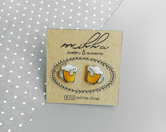 Funny beer stud earrings, Miniature food earrings, Cool alcohol earrings, Beer lover gift, Kawaii mug studs, Shrink plastic jewelry
